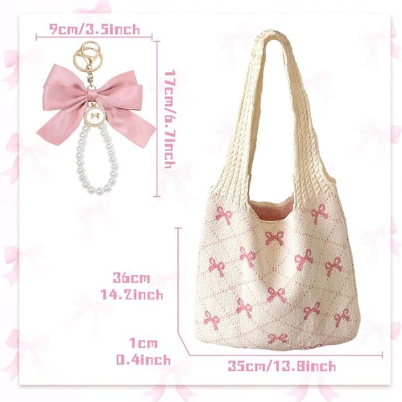 Pink Crochet Tote Bag Women Mesh Knitted Shoulder Handbag Beach Hobo Purse - Picture 4 of 7